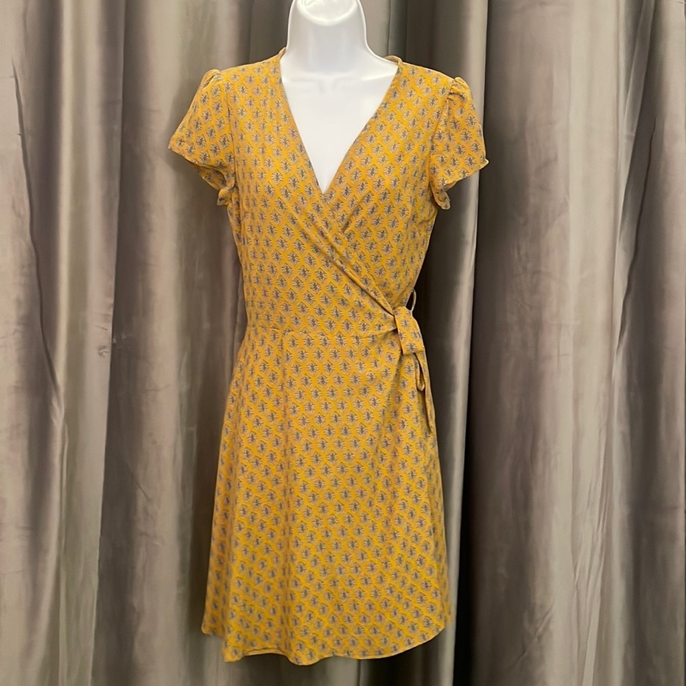 Mustard Floral Wrap Dress with Short Sleeves